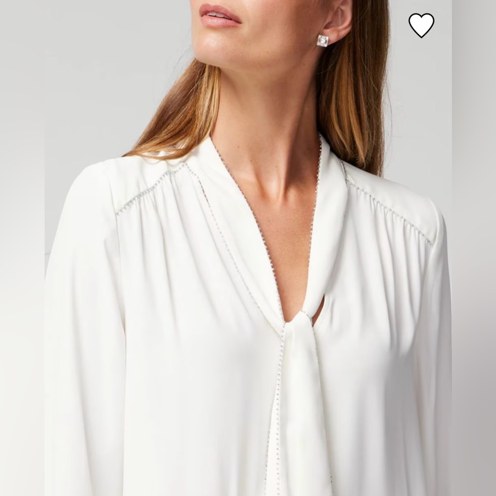 White House Black Market tie neck embellished trim blouse in ecru size medium 🆕 - Picture 2 of 14